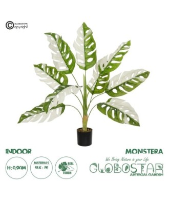 GloboStar® Artificial Garden ALBINO MONSTERA 20938 Τεχνητό Διακοσμητικό Φυτό Πράσινη & Λευκή Μονστέρα Μ90 x Π90 x Υ90cm